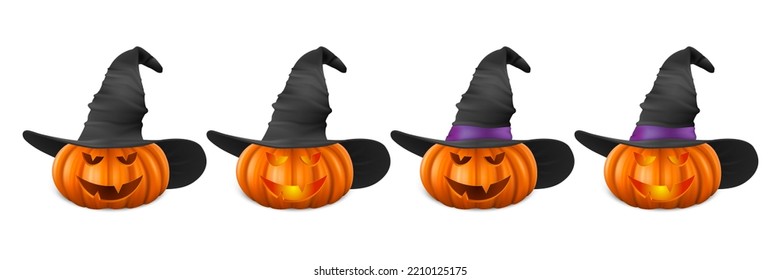 Vector Halloween Pumpkin with Witch Hat Set. Cute Jack-o-lanterns, Carved Pumpkin Face for Invitations, Cards, Packaging, Wrapping, Banners Design. 3d Realistic Pumpkins