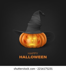Vector Halloween Pumpkin with Witch Hat on Black Background. Cute Jack-o-lanterns, Carved Pumpkin Face for Invitations, Cards, Wrapping, Banners Design. 3d Realistic Pumpkin