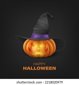 Vector Halloween Pumpkin with Witch Hat on Black Background. Cute Jack-o-lanterns, Carved Pumpkin Face for Invitations, Cards, Wrapping, Banners Design. 3d Realistic Pumpkin