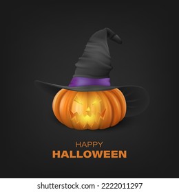 Vector Halloween Pumpkin with Witch Hat on Black Background. Cute Jack-o-lanterns, Carved Pumpkin Face for Invitations, Cards, Wrapping, Banners Design. 3d Realistic Pumpkin