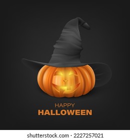 Vector Halloween Pumpkin with Witch Hat on Black Background. Cute Jack-o-lanterns, Carved Pumpkin Face for Invitations, Cards, Wrapping, Banners Design. 3d Realistic Pumpkin