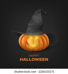 Vector Halloween Pumpkin with Witch Hat on Black Background. Cute Jack-o-lanterns, Carved Pumpkin Face for Invitations, Cards, Wrapping, Banners Design. 3d Realistic Pumpkin