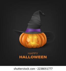 Vector Halloween Pumpkin with Witch Hat on Black Background. Cute Jack-o-lanterns, Carved Pumpkin Face for Invitations, Cards, Wrapping, Banners Design. 3d Realistic Pumpkin