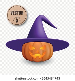 Vector Halloween Pumpkin with Witch Hat. Glowing Jack-o-Lantern with Spooky Smile and Witch Hat for Halloween Party Decor. Halloween Digital Clipart