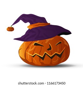 Vector Halloween pumpkin with witches hat,white isolated background.
