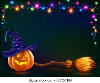 Vector Halloween pumpkin and witch's broom on dark background with colorful lamps garland