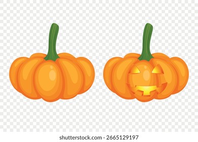 Colección de calabazas de Halloween de Vector con caras talladas. Conjunto de pegatinas de calabaza de colores planos. Plantillas de diseño para Halloween, otoño, cosecha. Ilustraciones de calabaza simples lindas y divertidas
