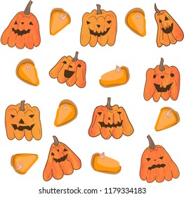 Vector halloween pumpkins with funny faces and pumpkin pie. 