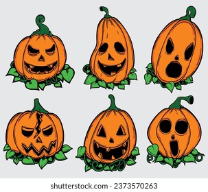 vector halloween pumpkins with green leaves underneath