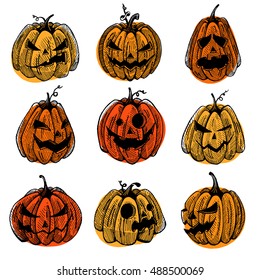 Vector Halloween pumpkins illustration. Handmade graphic set