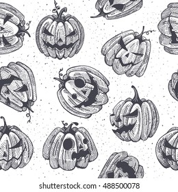 Vector Halloween pumpkins illustration. Handmade graphic seamless patterns