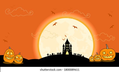 Vector of Halloween pumpkins with moonlight background. Bats and clouds. Can be used for holiday design, banners.