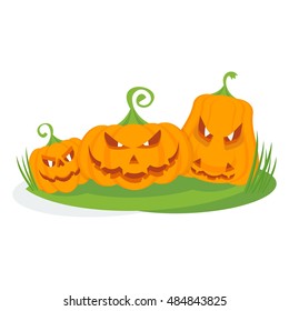 Vector halloween pumpkins on glade. Halloween party poster. Halloween icon. Design elements for advertising and promotion. Flat cartoon illustration. Objects isolated on white background.