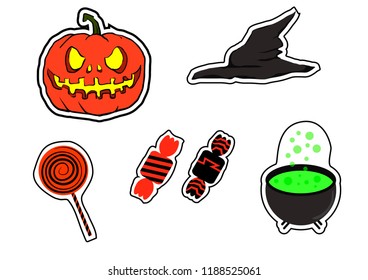 vector Halloween pupmkin, witch hat, poison cauldron and sweet treats vector set