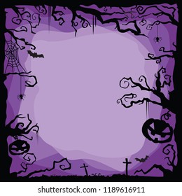 Vector Halloween purple background with flying bats, spiders, web, cobweb, pumpkins, tombs, tree.