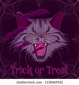 Vector halloween purple illustration of a vampire cat with bats with text trick or treat.