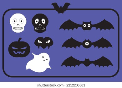 Vector. Halloween purple set, black and white silhouette horror illustration. Pumpkin, ghost, vampire, skull and bat.