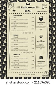 Vector halloween restaurant or cafe menu design list template with decorative horror scary elements retro style