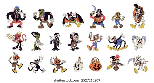 Vector Halloween Retro Cartoon Characters Style Groovy Set Illustration Isolated