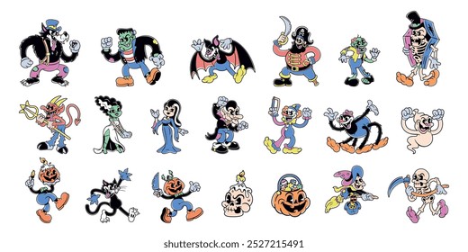 Vector Halloween Retro Cartoon Characters Style Groovy Set Illustration Isolated