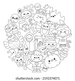 Vector Halloween round line coloring page for kids with cute kawaii characters. Black and white autumn holiday illustration with funny witch, vampire, ghost, pumpkin framed in circle
