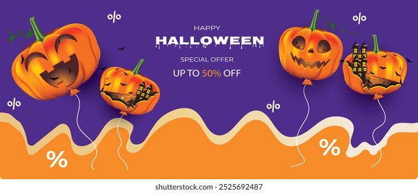 Anuncio publicitario de la venta de Halloween del Vector con las bolas de la calabaza, feliz Halloween, oferta especial de Halloween para las bromas o golosinas, perfecto para las compras de Festiva y las ofertas de Festiva