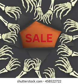 Vector Halloween Sale background with skeleton arm for promotional, party, sale offers, invitations design, banners.