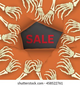 Vector Halloween Sale background with skeleton arm for promotional, party, sale offers, invitations design, banners.