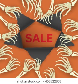 Vector Halloween Sale background with skeleton arm for promotional, party, sale offers, invitations design, banners.