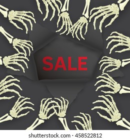 Vector Halloween Sale background with skeleton arm for promotional, party, sale offers, invitations design, banners.