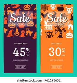 Vector halloween sale banner templates with place for text and with witches, pumpkins, ghosts, spiders silhouettes illustration