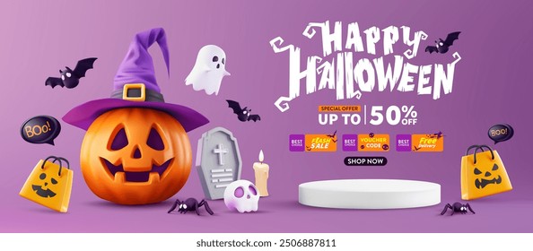 Vector of Halloween Sale Promotion Banner with Pumpkin,Witch Hat,Ghosts and Spooky Halloween Decorations.Special Halloween Offer for Trick or Treating,Perfect for Holiday Shopping and Festive Deals