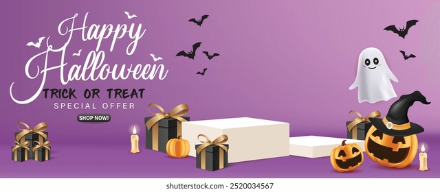 Vetor de Halloween Venda Promoção Banner com Abóbora, Chapéu de Bruxa, Fantasmas e Decorações de Halloween assustador. Oferta especial de Halloween para truques ou tratamento para compras de férias e ofertas festivas