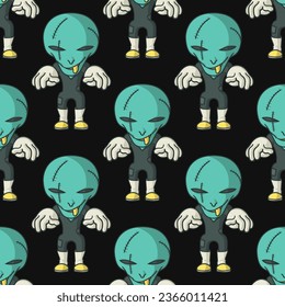 vector halloween scar alien zombie seamless pattern on black.