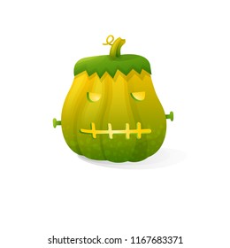 Vector halloween scary Frankenstein pumpkin isolated on white background. With candle light inside