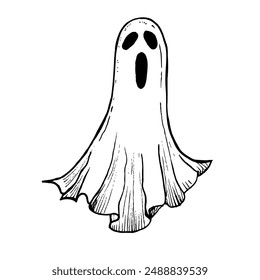 Vector halloween fantasma de miedo. Ilustración de silueta fantasma lineal pintada a mano. Monstruo espeluznante monocromo gráfico para el tatuaje, pintura mágica de la mano para las vacaciones, horror. Aislado en el fondo. Para 