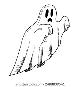 Vector halloween fantasma de miedo. Ilustración de silueta fantasma lineal pintada a mano. Monstruo espeluznante monocromo gráfico para el tatuaje, pintura mágica de la mano para las vacaciones, horror. Aislado en el fondo.Para d