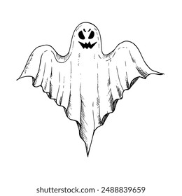 Vector halloween fantasma de miedo. Ilustración de silueta fantasma lineal pintada a mano. Monstruo espeluznante monocromo gráfico para el tatuaje, pintura mágica de la mano para las vacaciones, horror. Aislado en el fondo. Ford