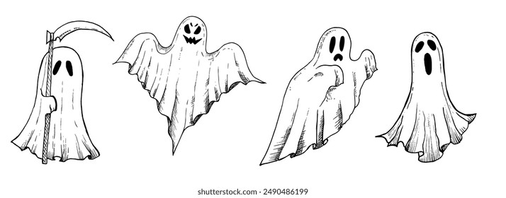 Vector halloween fantasma de miedo. Ilustración de silueta fantasma lineal pintada a mano. Monstruo espeluznante monocromo gráfico para el tatuaje, pintura mágica de la mano para las vacaciones, horror. Aislado en el fondo. Para 