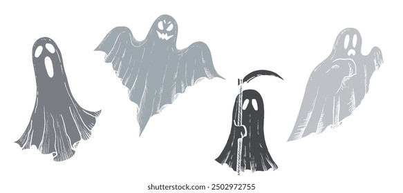 Vector halloween scary ghost. Hand painted linear phantom silhouette illustration. Graphic monochrome spooky monster for tattoo, magical hand painting for holiday, horror. Isolated on background. For