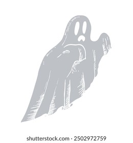 Vector fantasma de miedo de Halloween. Ilustración de silueta fantasma lineal pintada a mano. Monstruo espeluznante monocromático gráfico para el tatuaje, pintura mágica de la mano para el día de fiesta, horror. Aislado sobre fondo. Para