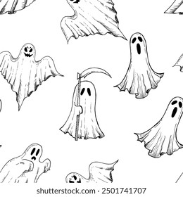 Vector de Halloween fantasma de miedo sin patrón. Ilustración de silueta fantasma lineal pintada a mano. Monstruo espeluznante monocromático gráfico para el tatuaje, pintura mágica de la mano para el día de fiesta, horror. Aislado en