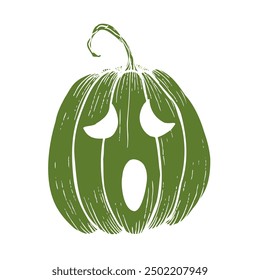 Vector de calabaza verde de miedo de Halloween con ojos. Ilustración lineal pintada a mano. Arte monocromático gráfico para el tatuaje, pintura mágica de la mano para el día de fiesta, horror. Aislado sobre fondo. Para diseñadores