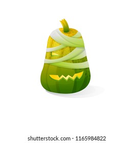 Vector halloween scary mummy pumpkin isolated on white background. With candle light inside