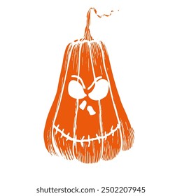 Vector de calabaza naranja de miedo de Halloween con ojos. Ilustración lineal pintada a mano. Arte monocromático gráfico para el tatuaje, pintura mágica de la mano para el día de fiesta, horror. Aislado sobre fondo. Para diseñadores