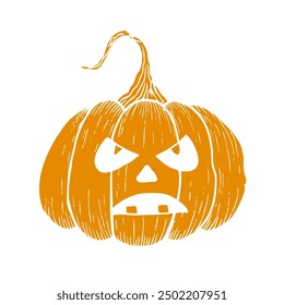 Vector de calabaza naranja de miedo de Halloween con ojos. Ilustración lineal pintada a mano. Arte monocromático gráfico para el tatuaje, pintura mágica de la mano para el día de fiesta, horror. Aislado sobre fondo. Para diseñadores