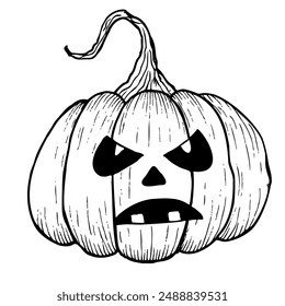 Vector halloween calabaza de miedo con los ojos negros. Dibujo lineal pintado a mano. Arte gráfico monocromo para tatuaje, pintura mágica a mano para vacaciones, horror. Aislado en el fondo. Para los diseñadores, el