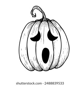 Vector halloween calabaza de miedo con los ojos negros. Dibujo lineal pintado a mano. Arte gráfico monocromo para tatuaje, pintura mágica de la mano para vacaciones, horror. Aislado en el fondo. Para diseñadores, T