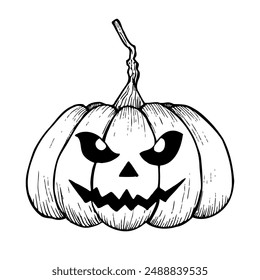 Vector halloween calabaza de miedo con los ojos negros. Dibujo lineal pintado a mano. Arte gráfico monocromo para tatuaje, pintura mágica de la mano para vacaciones, horror. Aislado en el fondo. Para los diseñadores, el