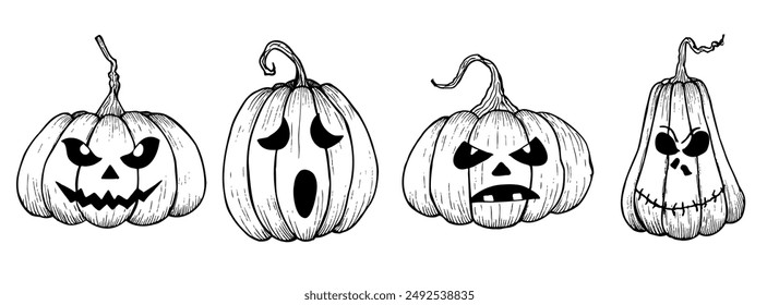 Vector halloween calabazas de miedo con los ojos negros. Dibujos lineales pintados a mano. Arte gráfico monocromo para tatuaje, pintura mágica de la mano para vacaciones, horror. Aislado en el fondo. Para los diseñadores,